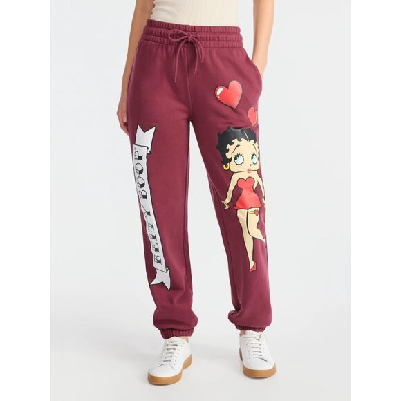Betty Boop Denim - Betty Boop Women's Graphic Print Joggers, Size L (12-14), Relaxed Fit, Red